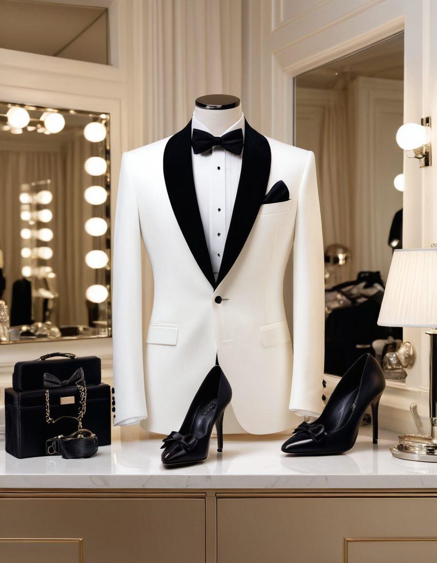 A sophisticated mannequin dressed in a perfectly tailored tuxedo, surrounded by an array of elegant accessories like bow ties, cufflinks, and polished shoes. The background is a luxurious, softly lit dressing room with mirrors reflecting the stylish decor. Emphasize the suave textures of the tuxedo fabric, and use soft, ambient lighting to highlight the accessories. super-realistic. elegant color palette. white background.