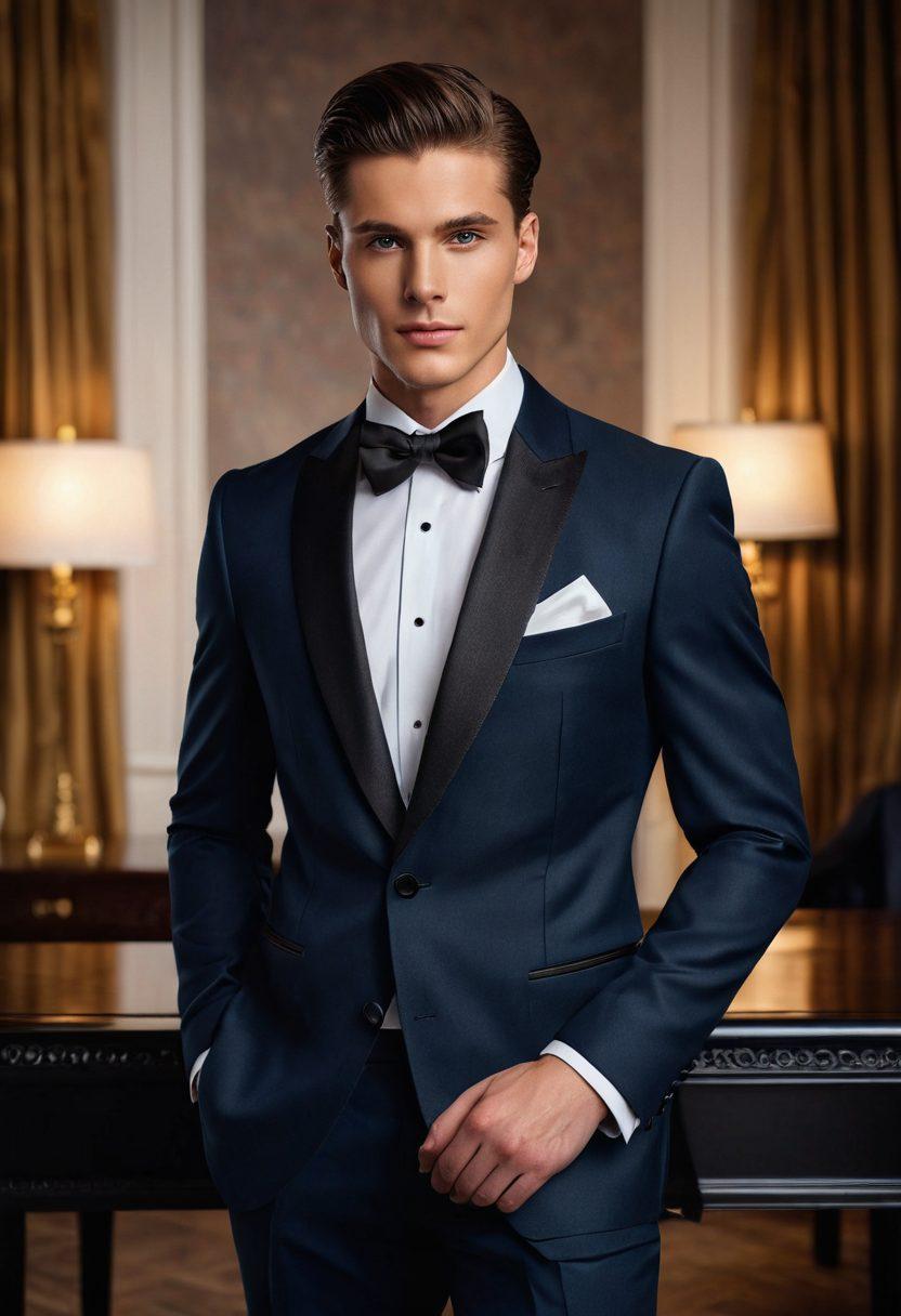 A stylish person in a perfectly tailored tuxedo, standing confidently in front of a sophisticated backdrop featuring luxury fabrics and elegant accessories. The scene captures the essence of versatility by showcasing different tuxedo styles for various occasions, with soft lighting and subtle glamour surrounding the subject. The colors should be rich and refined, embodying elegance and fashion-forward thinking. super-realistic. vibrant colors. elegant background.