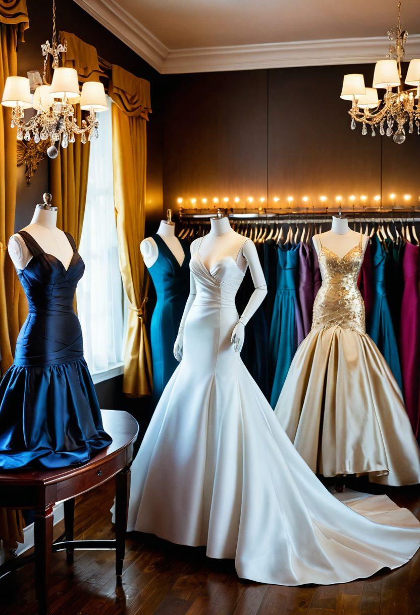 A stylish tailor's workshop filled with elegant tuxedos displayed on mannequins, showcasing a variety of fabrics and colors. In the background, a wedding dress and a glamorous gala gown hang together, symbolizing the versatility of formal wear. Soft, warm lighting enhances the luxurious textures of the materials, while a measuring tape and sewing tools add a personal touch to the setting. super-realistic. vibrant colors. soft lighting.
